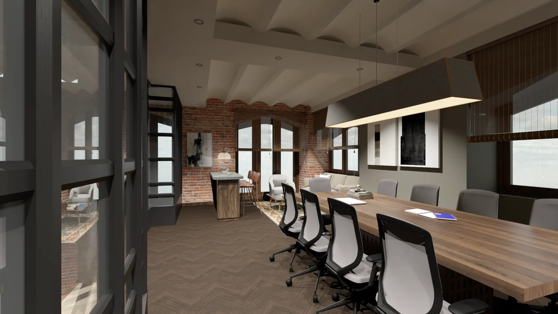 Visualisation of the conference room at Bombay Gas: a long timber table under a suspended linear light, with a bar counter and lounge set against exposed brick and arched windows.