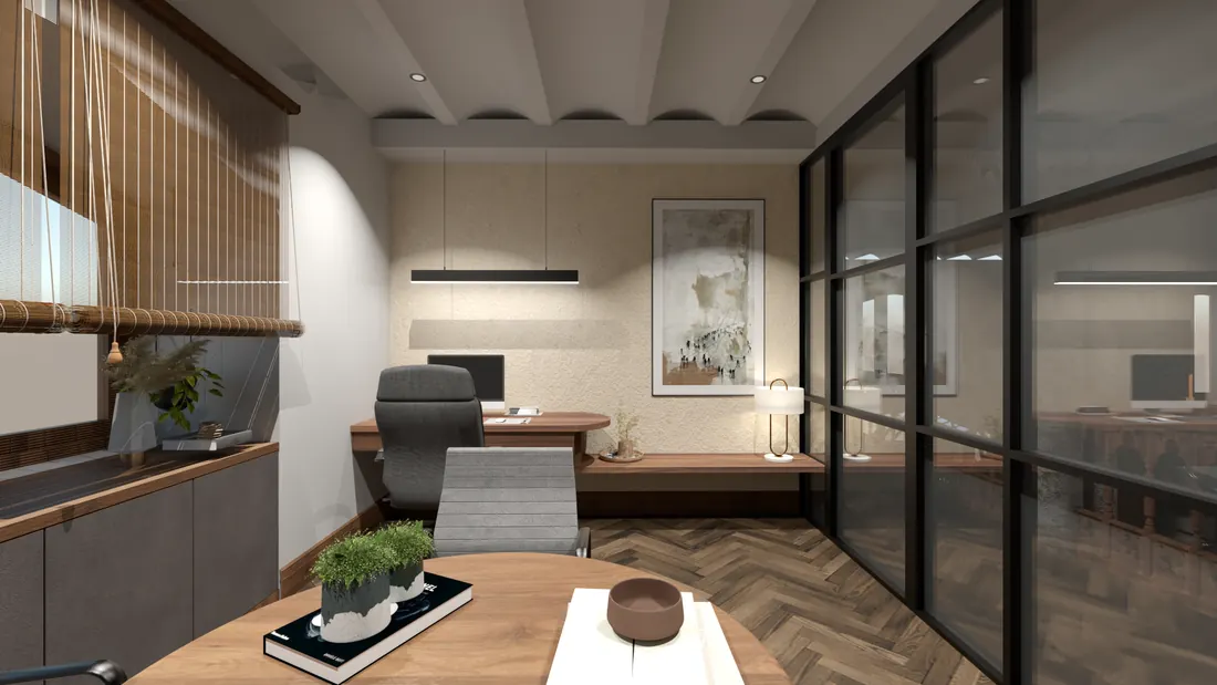 Visualisation of the CEO cabin at Bombay Gas with a timber desk against a textured wall, herringbone floor and a steel-framed glass partition.