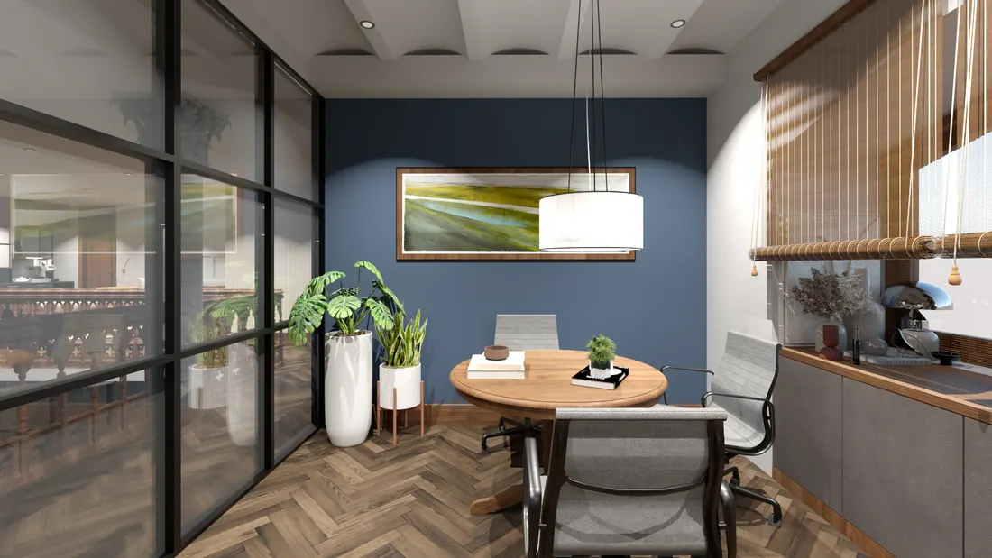 Visualisation of the meeting corner in the CEO cabin at Bombay Gas: a round table against a blue wall with a landscape painting and bamboo blinds.