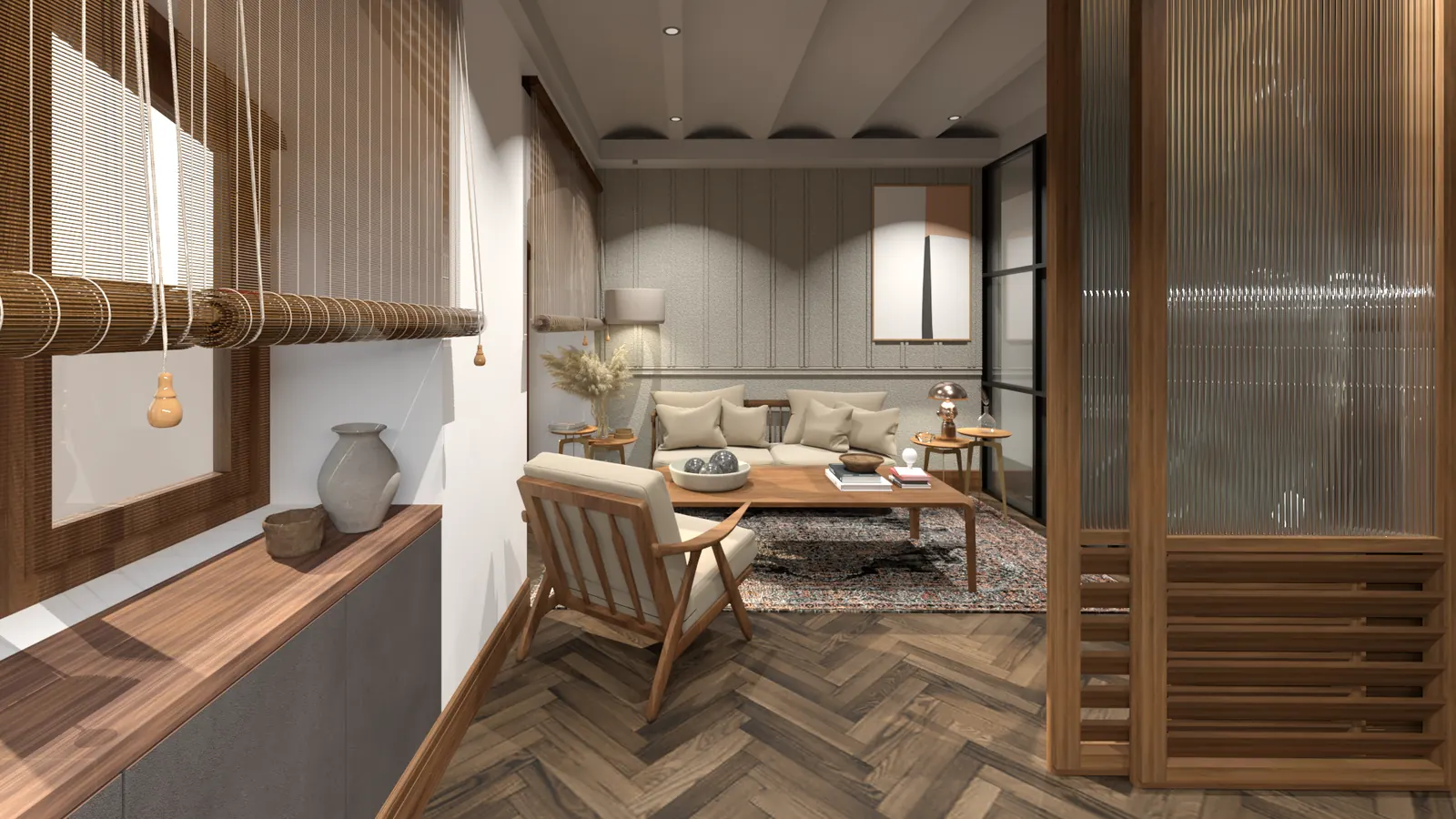 Visualisation of a private cabin at Bombay Gas: a lounge chair and linen sofa on a patterned rug, a fluted-glass and timber screen, bamboo blinds and a panelled wall.