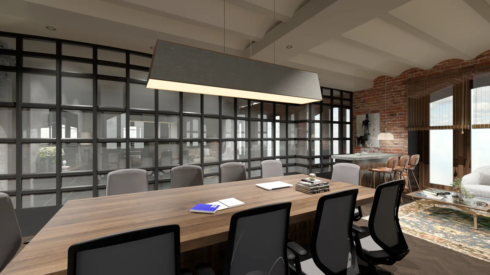 Visualisation of the conference room at Bombay Gas seen toward a wall of black steel glazing, with a bar counter against exposed brick.