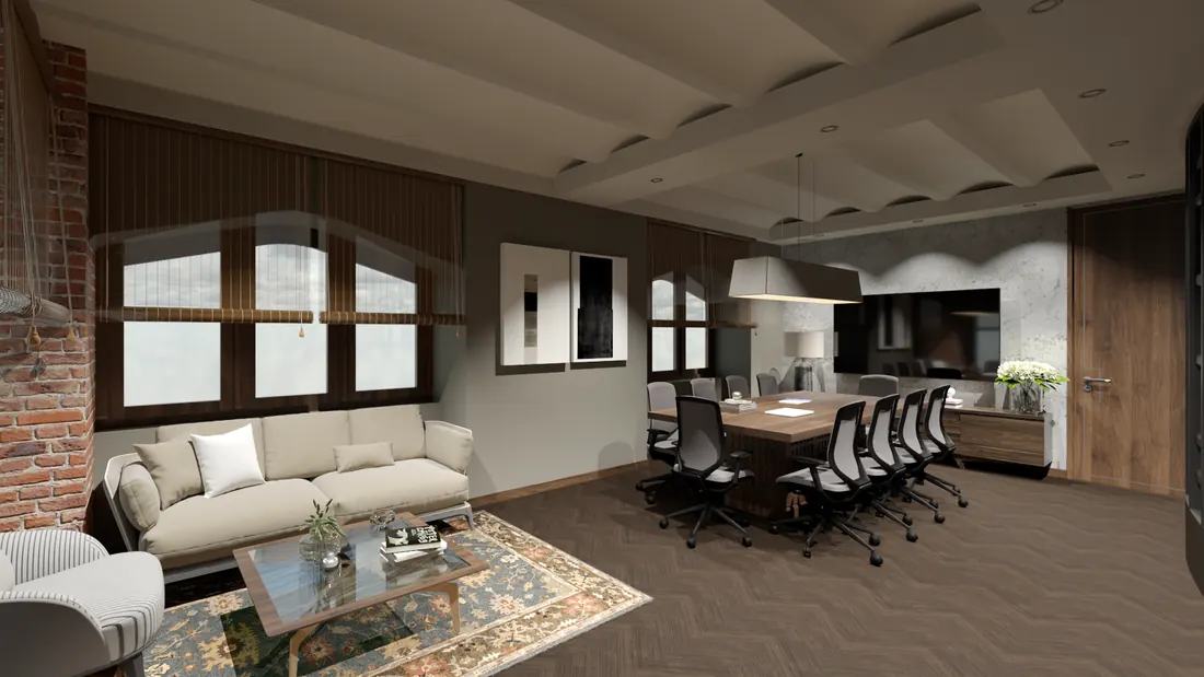 Visualisation of the lounge and conference area at Bombay Gas: a linen sofa on a rug beside windows with bamboo blinds, the conference table beyond.