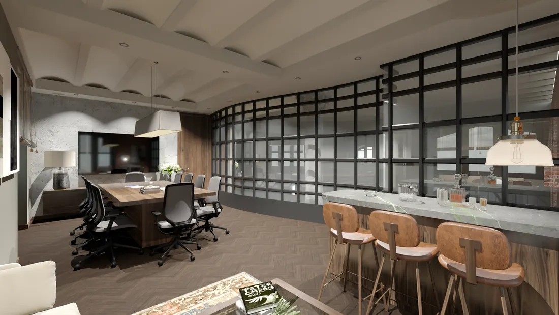 Visualisation of the bar counter at Bombay Gas with leather stools and a stone top, beside a curved wall of black steel glazing under the jack-arched ceiling.