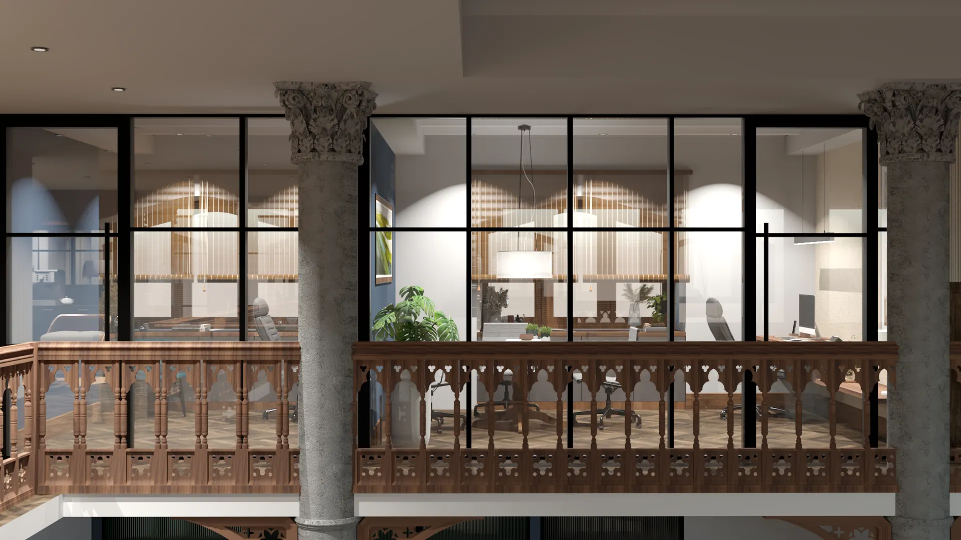 Visualisation of the CEO cabin and corner cabin at Bombay Gas: black steel-framed glass rooms behind the original carved timber mezzanine railing, between the original cast-iron columns.