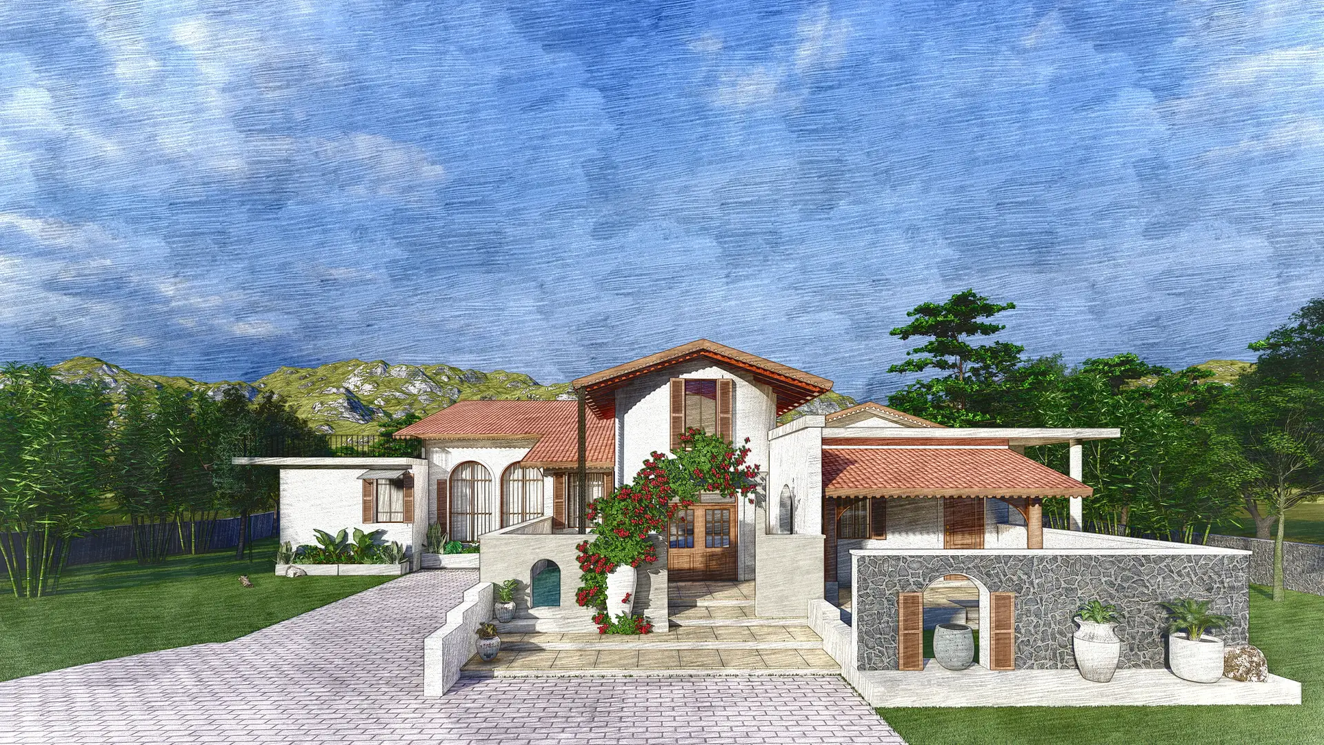 Visualisation of Avillion in Alibaug: a white-walled house under terracotta tiled roofs, with arched windows, timber shutters and a stone-clad garden wall.