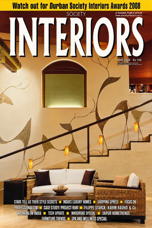 Society Interiors, May 2008: the cover shows the stair wall at the Abaca showroom, with natural-fibre sofas below hand-drawn figures.